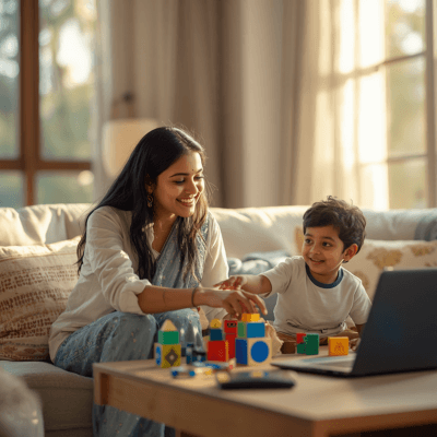 A mother and her young son playing with colourful blocks together at home during the screening