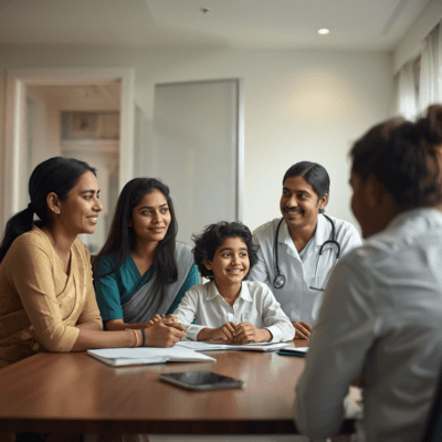 A family sitting comfortably with a friendly speech-language professional