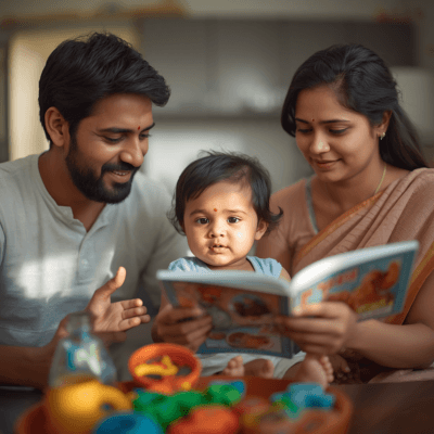 Parents reading a picture book with their baby