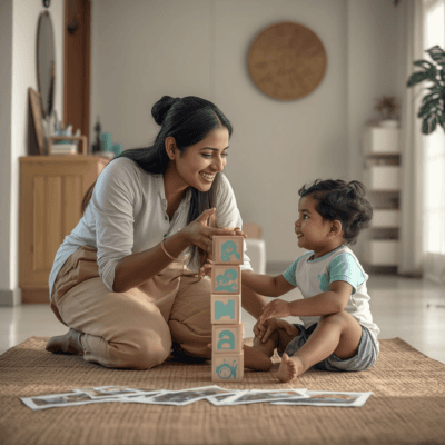 A mother and her son stacking wooden blocks together on the living-room floor