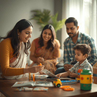 A family looking through picture books together around a table