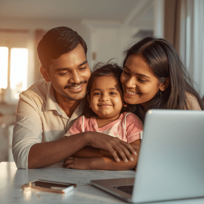 A smiling family looking at their screening results together on a laptop